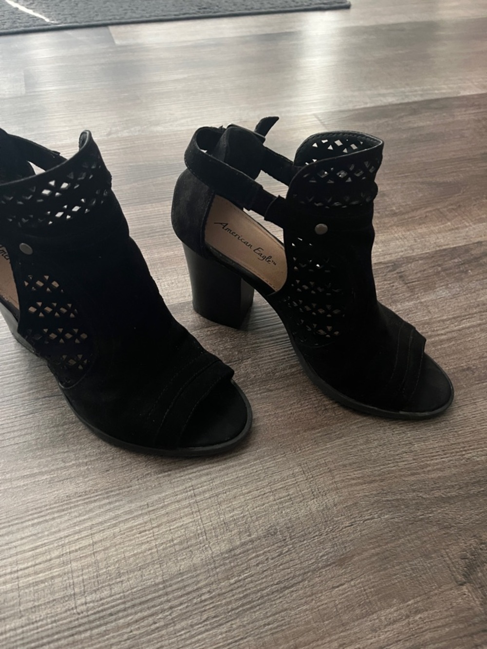 American Eagle Outfitters Black Suede Cutout Peep-Toe Block Heels